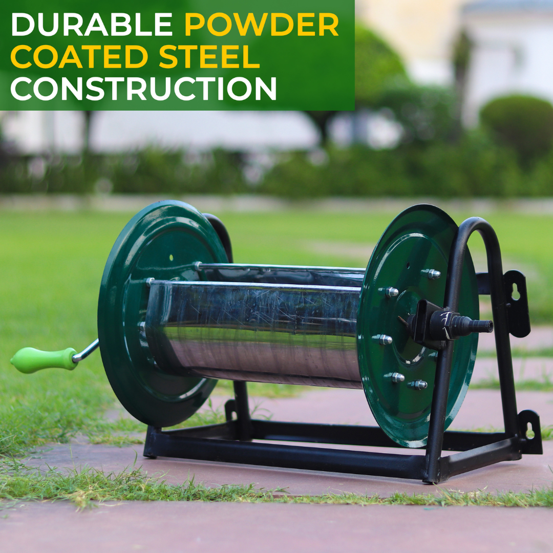 Wall & Floor Mountable Garden Hose Reel with Adjustable Arm Guide (Green)