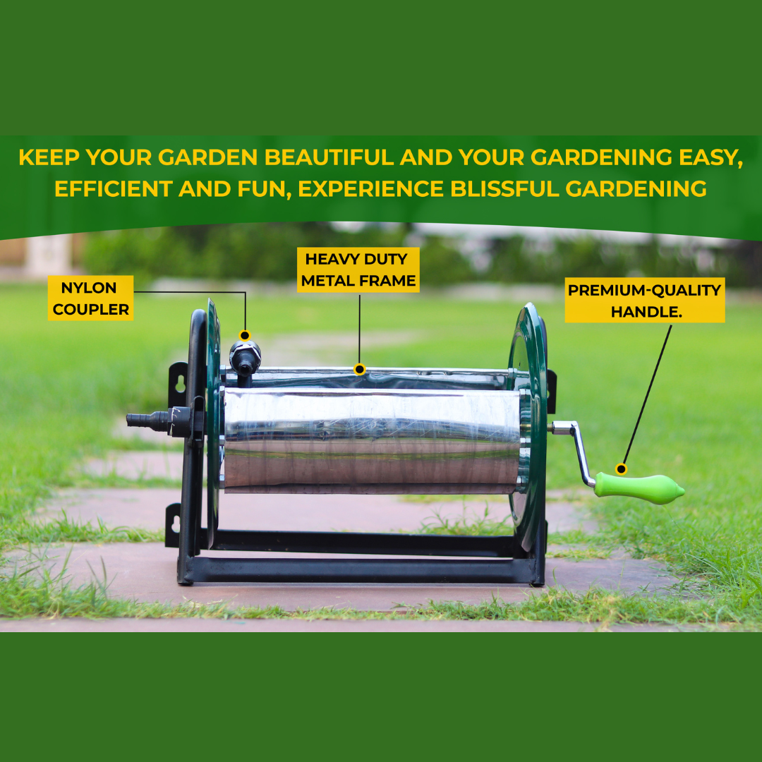 Wall & Floor Mountable Garden Hose Reel with Adjustable Arm Guide (Green)