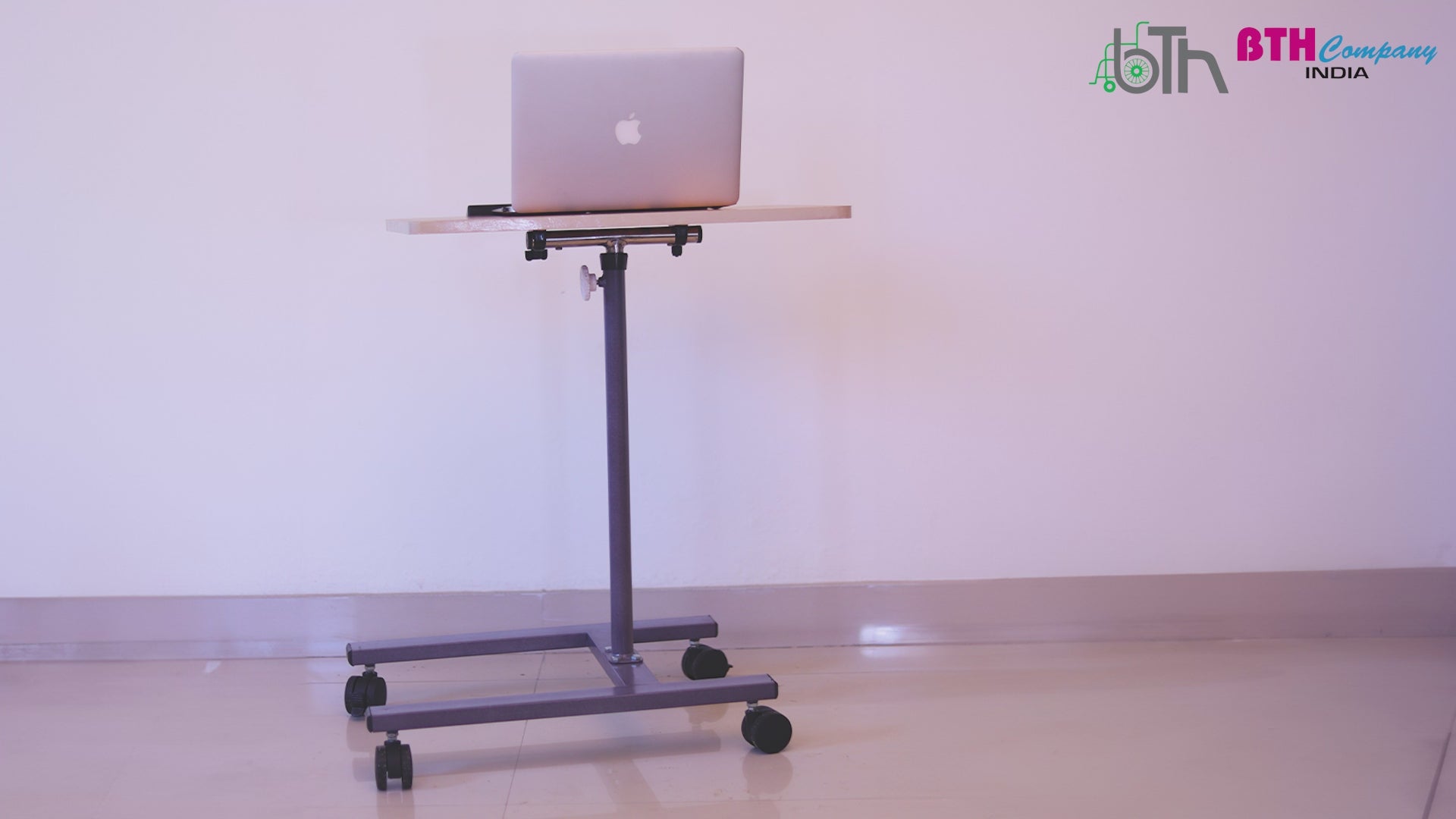 Load video: Adjustable Laptop Table with Wheels – Height &amp; Angle Adjustable 360° Rotating Overbed Study (56.5 × 7.5 cm)